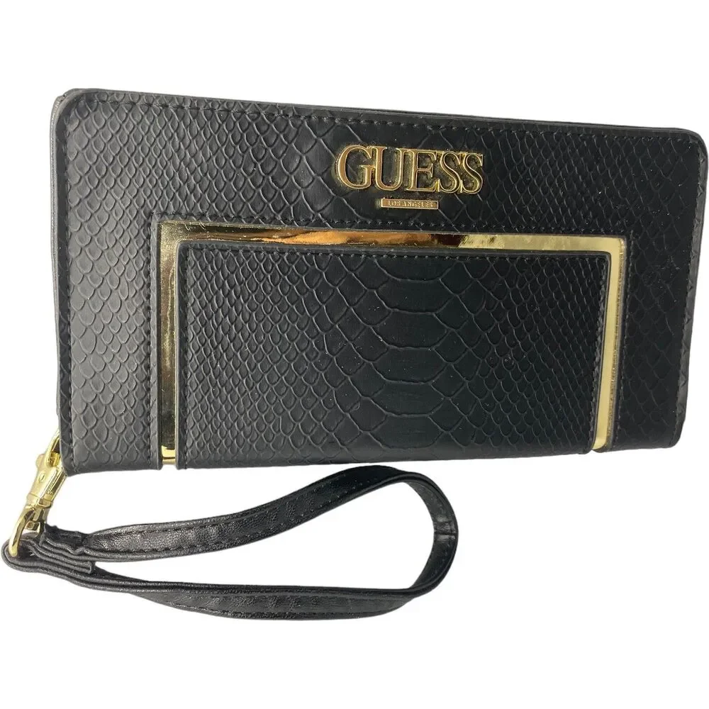 Guess USA Women's Black Snake Wristlet Wallet Sleek Classy EUC